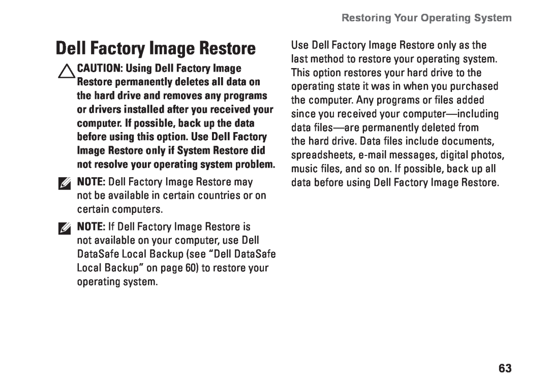 Dell M301Z, P11S002, HYD06 setup guide Dell Factory Image Restore, Restoring Your Operating System 