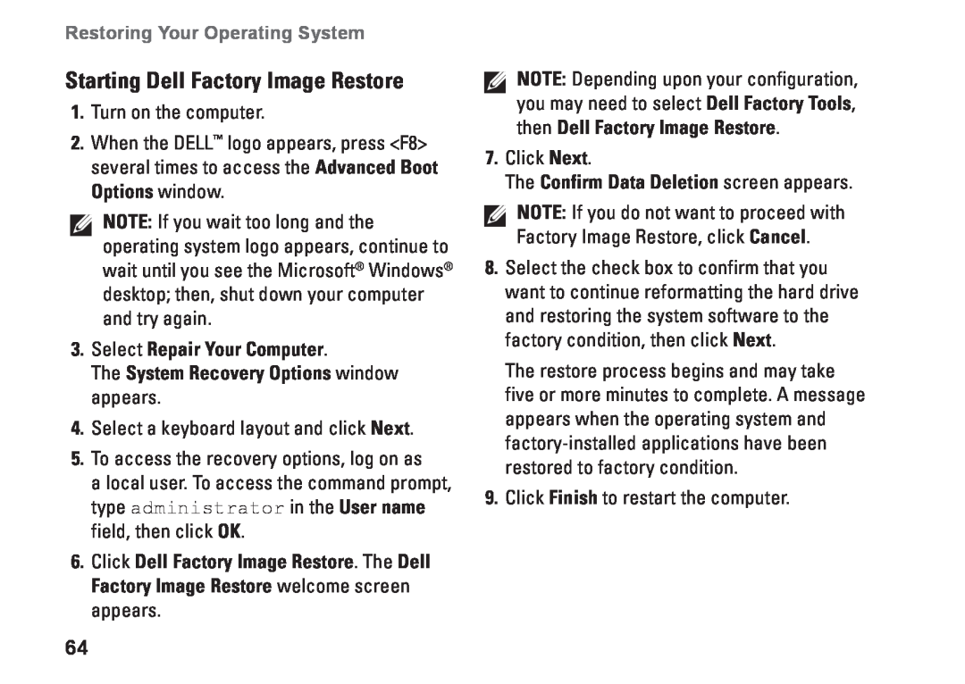 Dell P11S002 Starting Dell Factory Image Restore, Select Repair Your Computer, The System Recovery Options window appears 