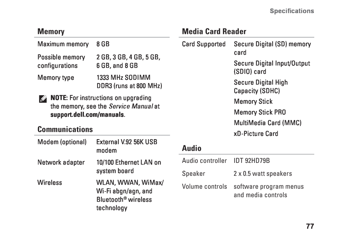 Dell HYD06, P11S002, M301Z setup guide Communications, Media Card Reader, Audio, Memory, Maximum memory 