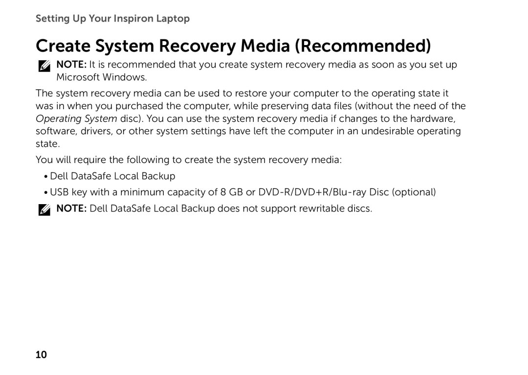 Dell P14E setup guide Create System Recovery Media Recommended, Setting Up Your Inspiron Laptop 