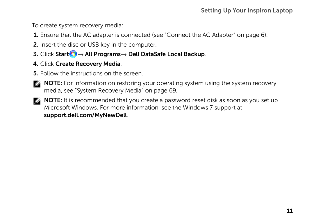 Dell P14E setup guide Setting Up Your Inspiron Laptop, To create system recovery media 