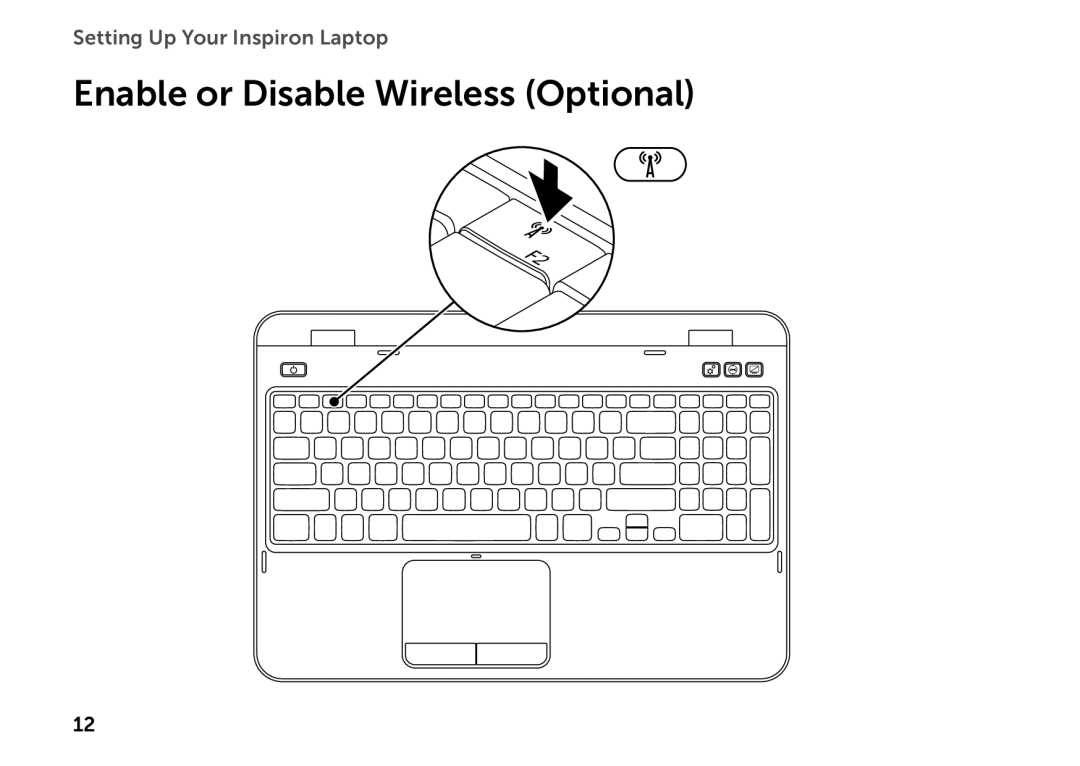 Dell P14E setup guide Enable or Disable Wireless Optional, Setting Up Your Inspiron Laptop 