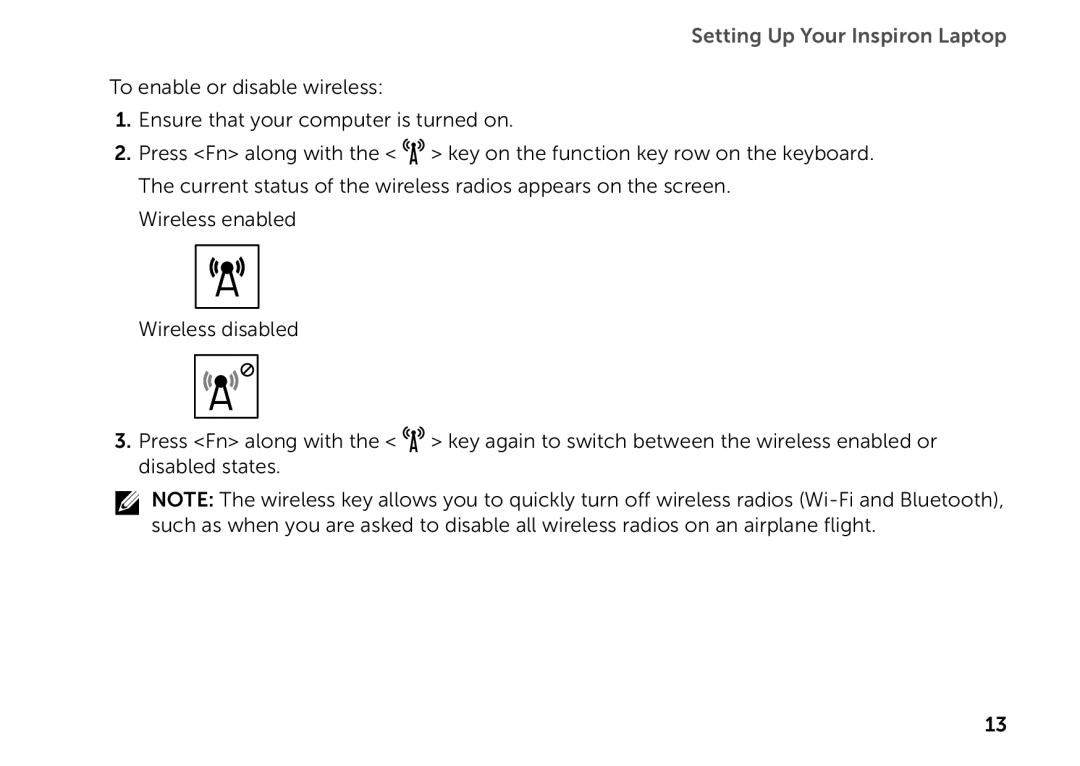 Dell P14E setup guide Setting Up Your Inspiron Laptop, To enable or disable wireless 