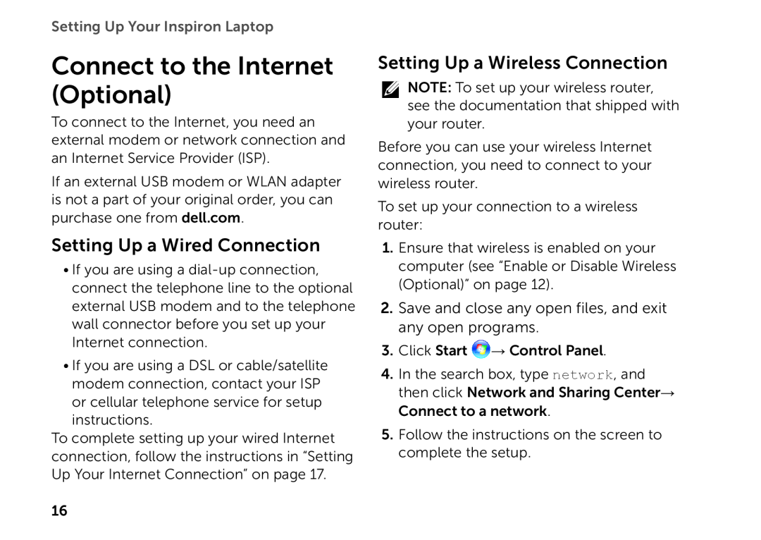 Dell P14E setup guide Connect to the Internet Optional, Setting Up a Wired Connection, Setting Up a Wireless Connection 