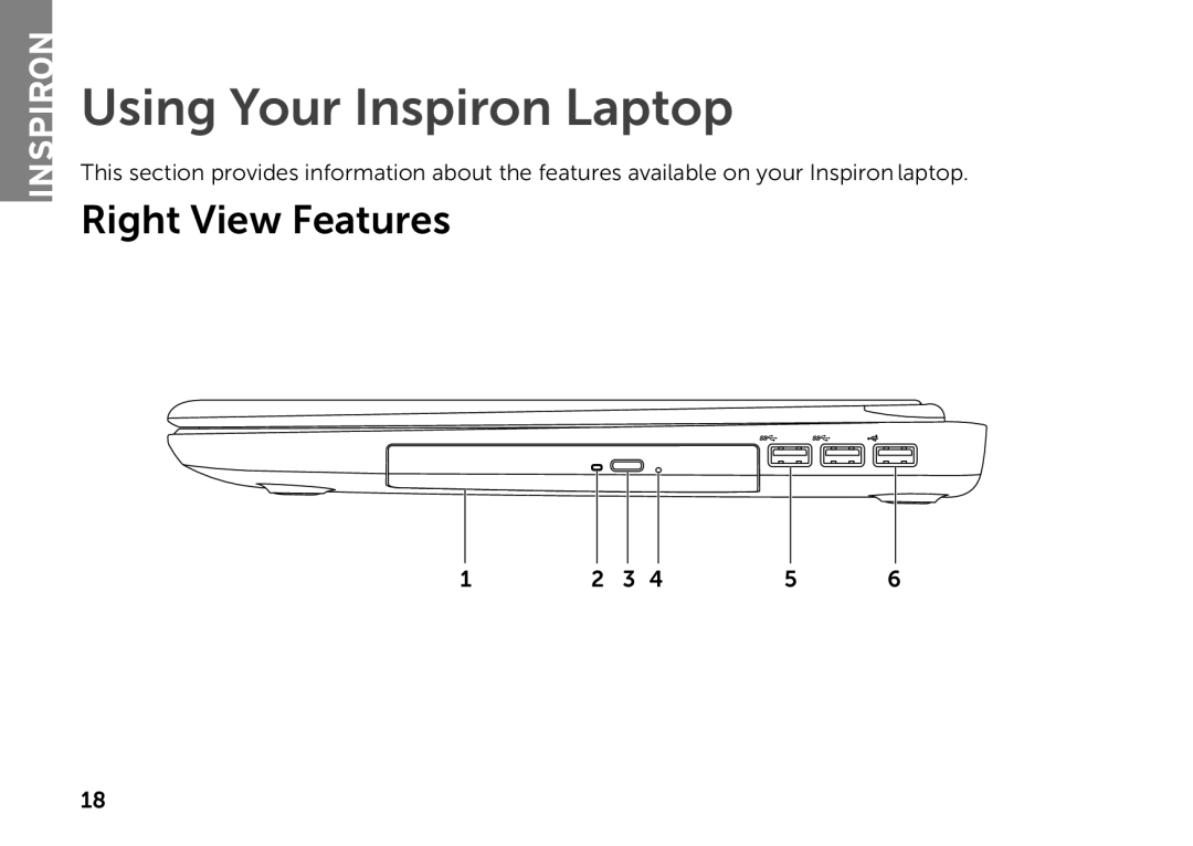Dell P14E setup guide Using Your Inspiron Laptop, Right View Features 