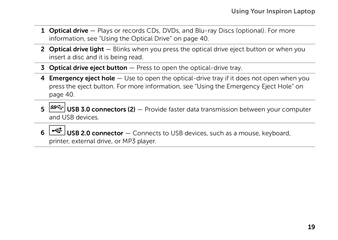 Dell P14E setup guide Using Your Inspiron Laptop, Optical drive eject button - Press to open the optical-drive tray 