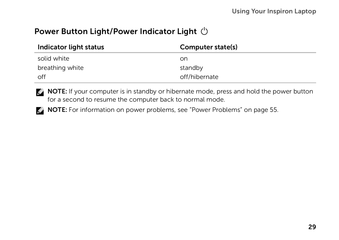 Dell P14E setup guide Power Button Light/Power Indicator Light, Using Your Inspiron Laptop 