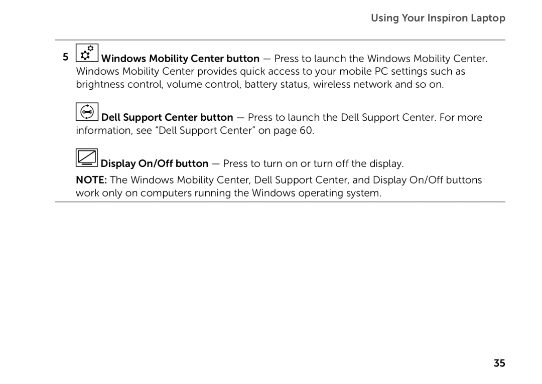 Dell P14E setup guide Using Your Inspiron Laptop, Display On/Off button - Press to turn on or turn off the display 