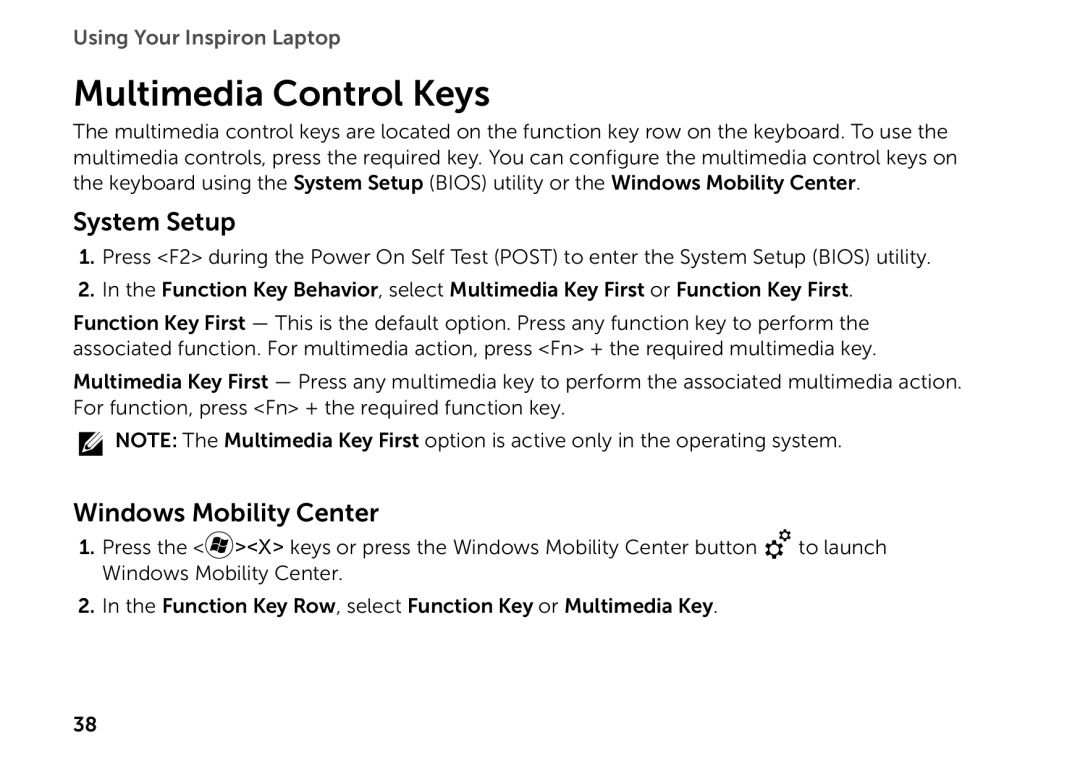 Dell P14E setup guide Multimedia Control Keys, System Setup, Windows Mobility Center, Using Your Inspiron Laptop 