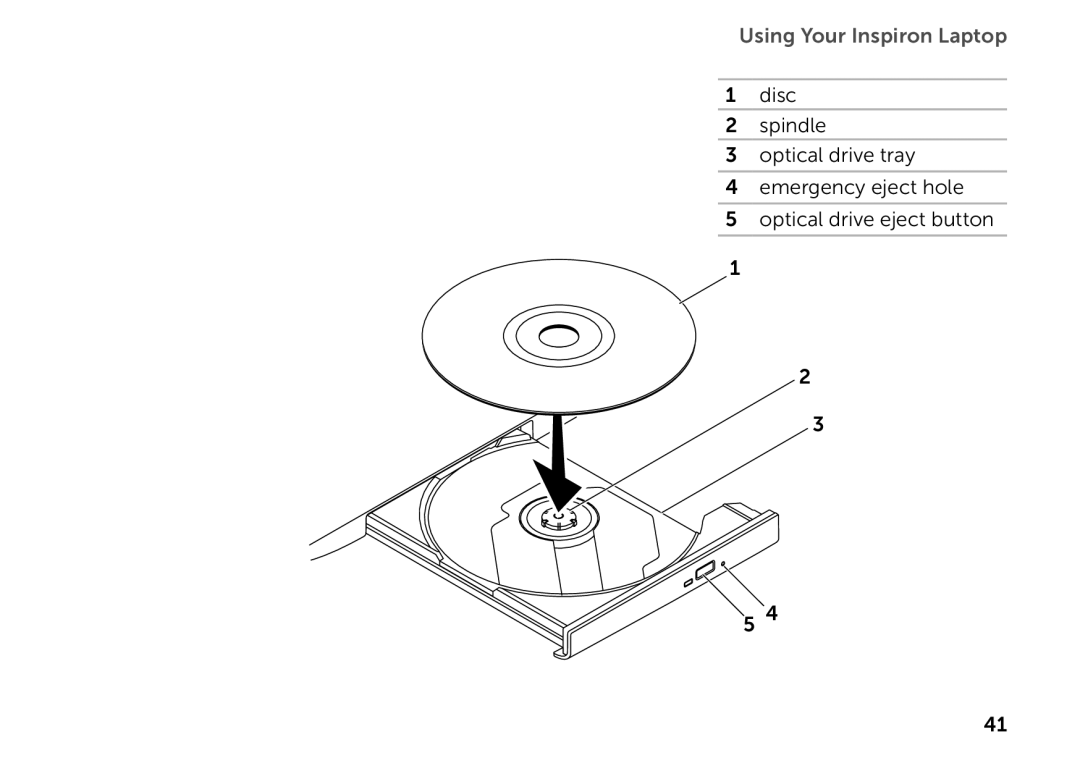 Dell P14E setup guide Using Your Inspiron Laptop, disc 2 spindle 3 optical drive tray 4 emergency eject hole 