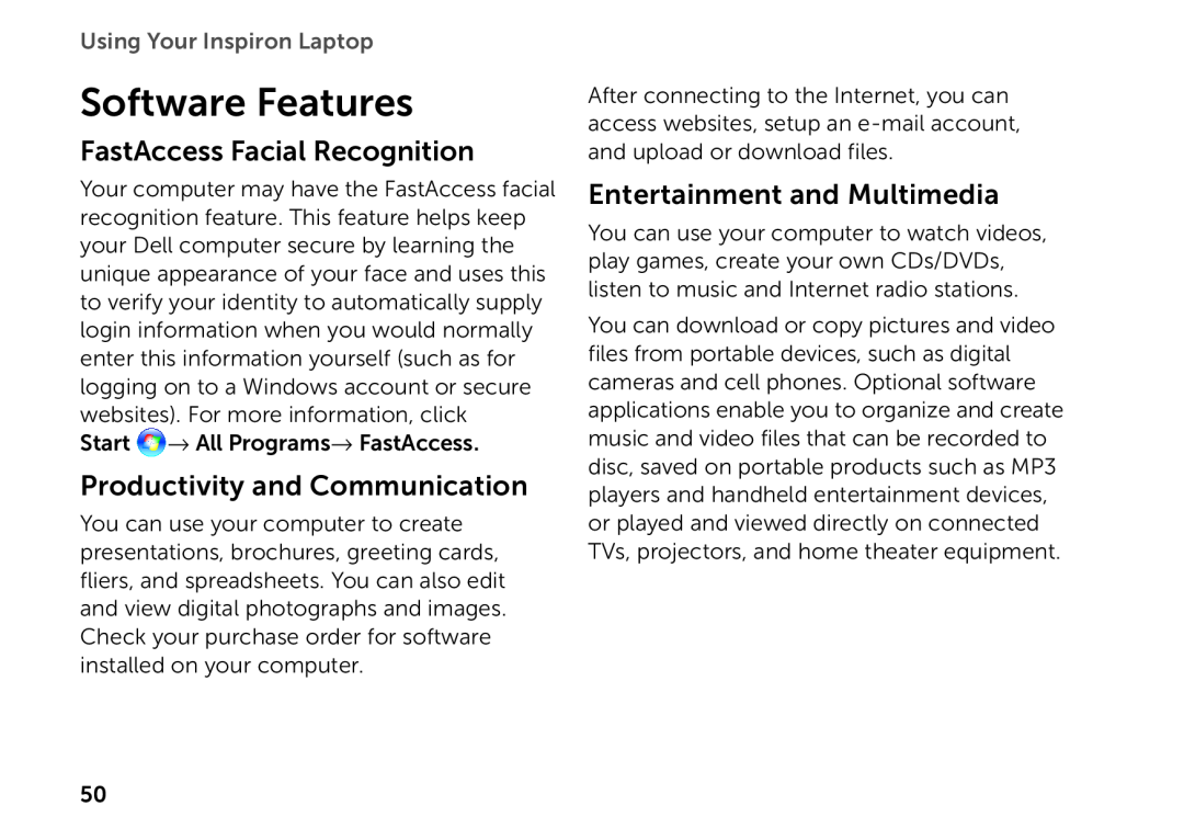 Dell P14E Software Features, FastAccess Facial Recognition, Productivity and Communication, Entertainment and Multimedia 
