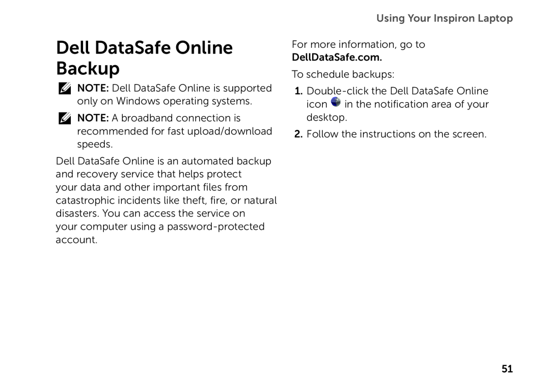 Dell P14E setup guide Dell DataSafe Online Backup, Using Your Inspiron Laptop 