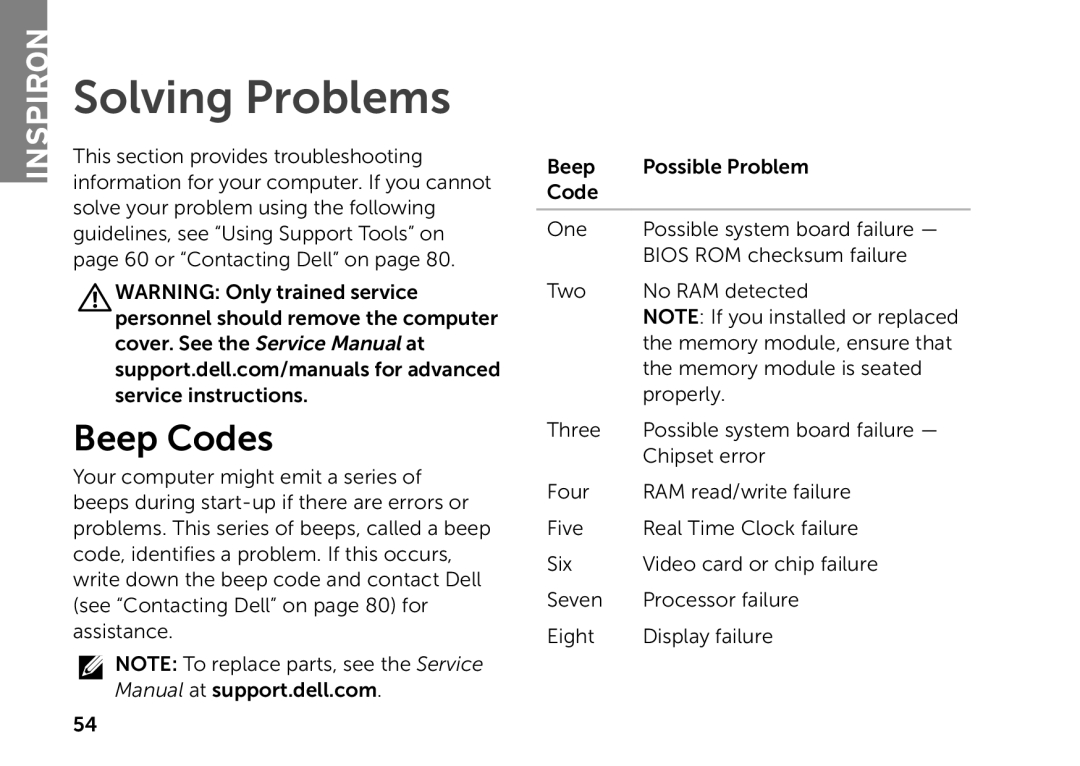 Dell P14E setup guide Solving Problems, Beep Codes, Inspiron 