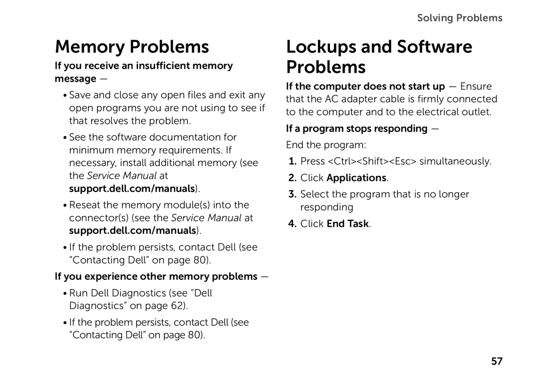 Dell P14E setup guide Memory Problems, Lockups and Software Problems, Solving Problems 