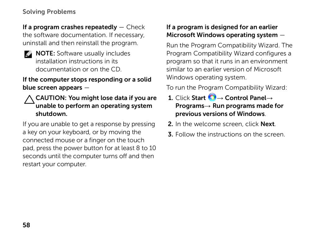 Dell P14E setup guide Solving Problems, If the computer stops responding or a solid blue screen appears 