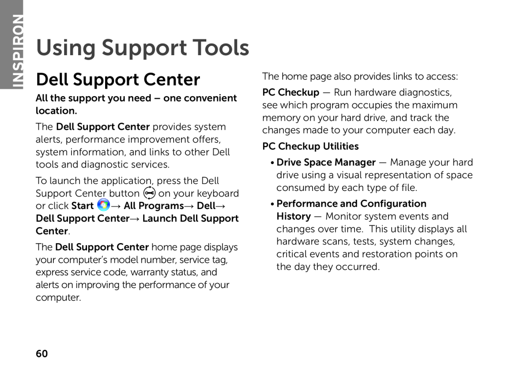 Dell P14E setup guide Using Support Tools, Dell Support Center, Inspiron 