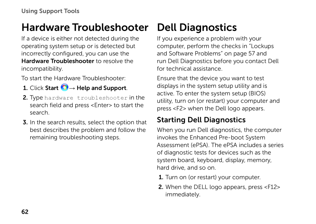 Dell P14E setup guide Hardware Troubleshooter, Starting Dell Diagnostics, Using Support Tools 