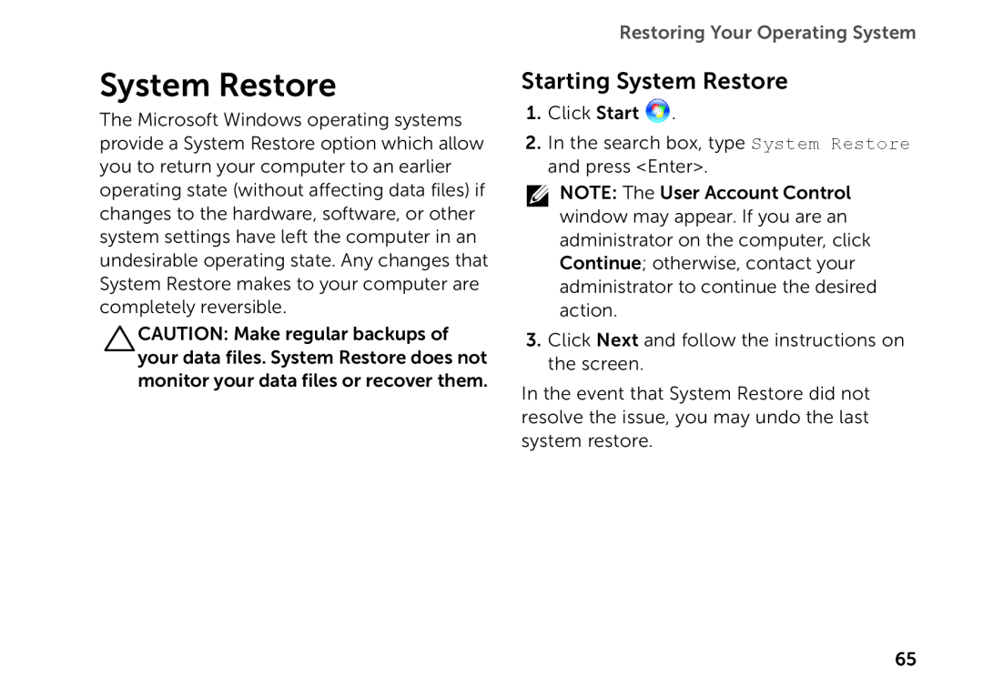 Dell P14E setup guide Starting System Restore, Restoring Your Operating System 