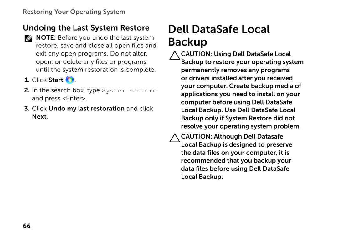 Dell P14E setup guide Dell DataSafe Local Backup, Undoing the Last System Restore, Restoring Your Operating System 
