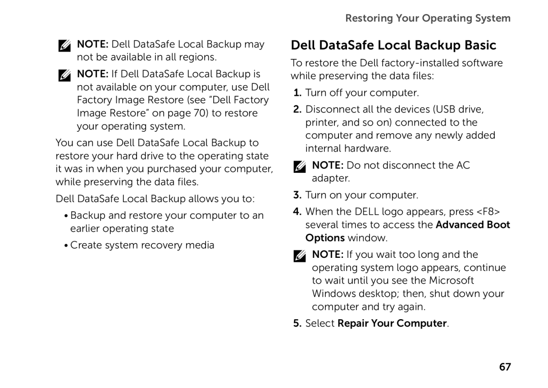 Dell P14E setup guide Dell DataSafe Local Backup Basic, Restoring Your Operating System 