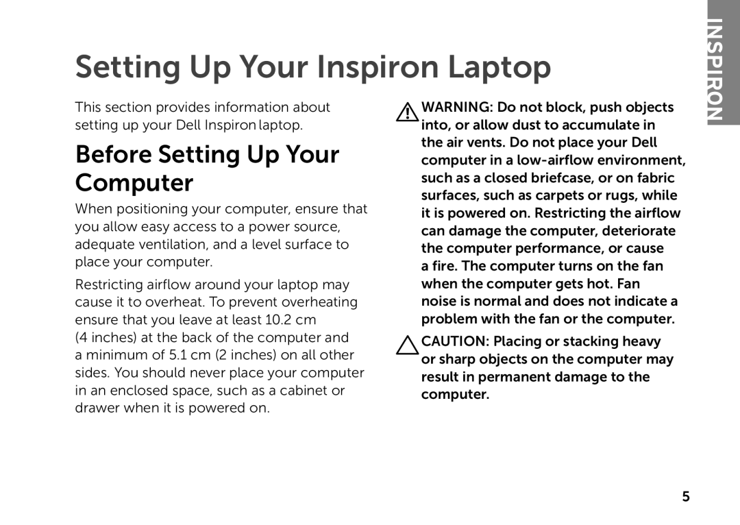 Dell P14E setup guide Setting Up Your Inspiron Laptop, Before Setting Up Your Computer 