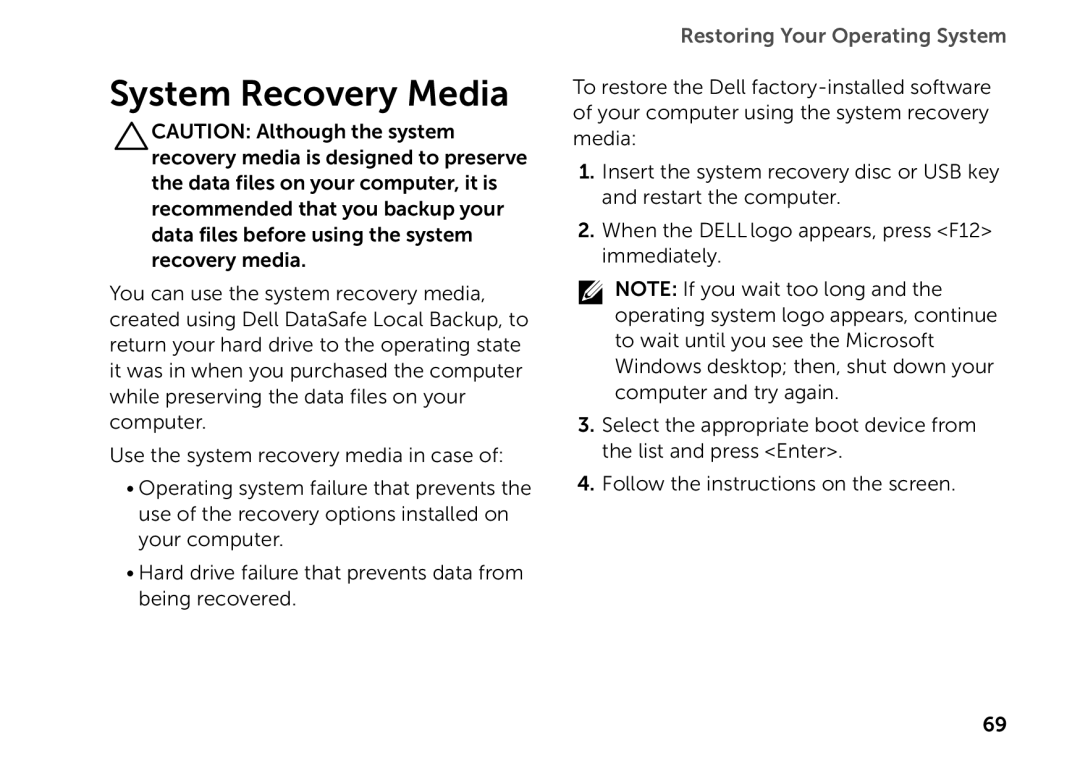 Dell P14E setup guide System Recovery Media, Restoring Your Operating System 
