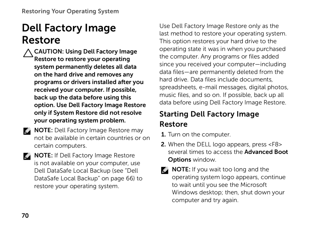 Dell P14E setup guide Starting Dell Factory Image Restore, Restoring Your Operating System 