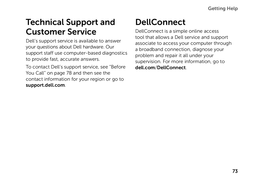 Dell P14E setup guide Technical Support and Customer Service, DellConnect, Getting Help 