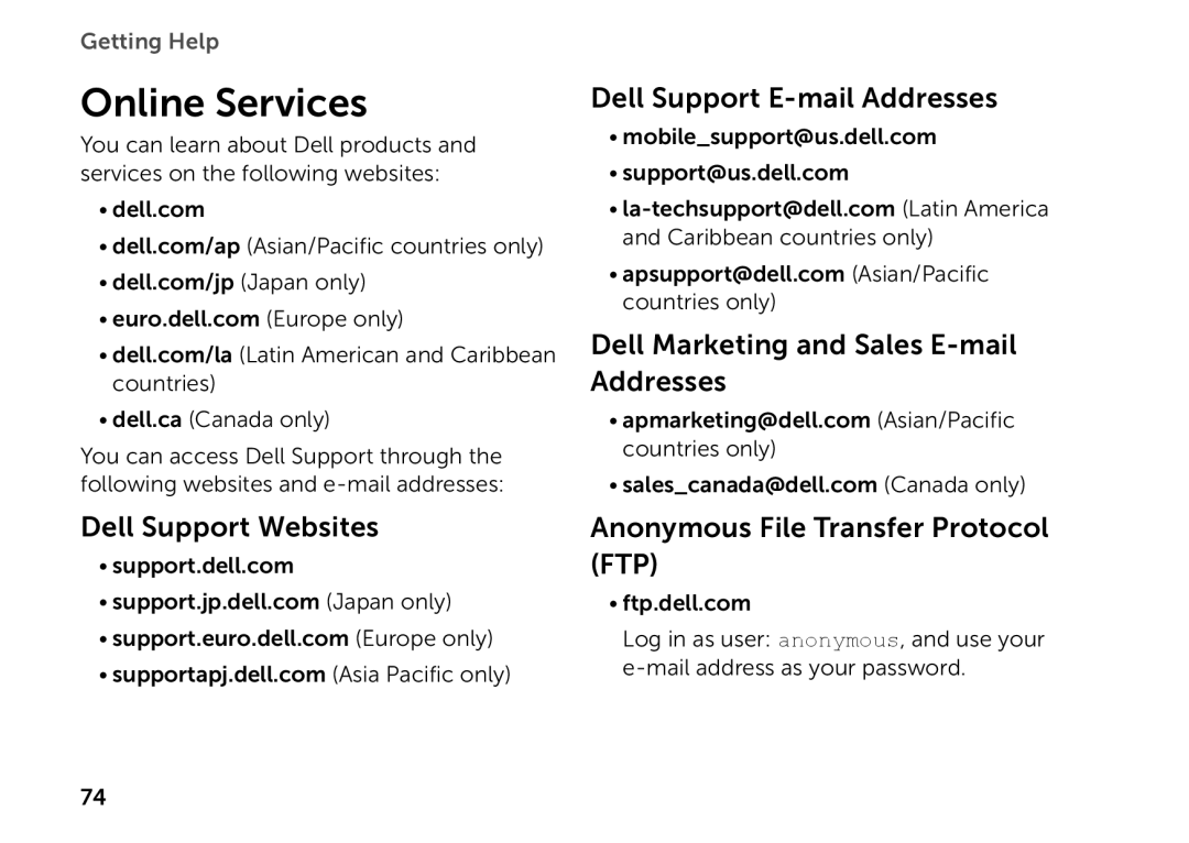 Dell P14E Online Services, Dell Support Websites, Dell Support E-mail Addresses, Dell Marketing and Sales E-mail Addresses 