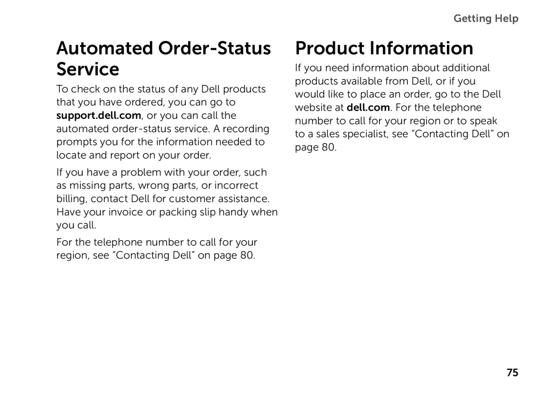 Dell P14E setup guide Automated Order-Status Service, Product Information, Getting Help 