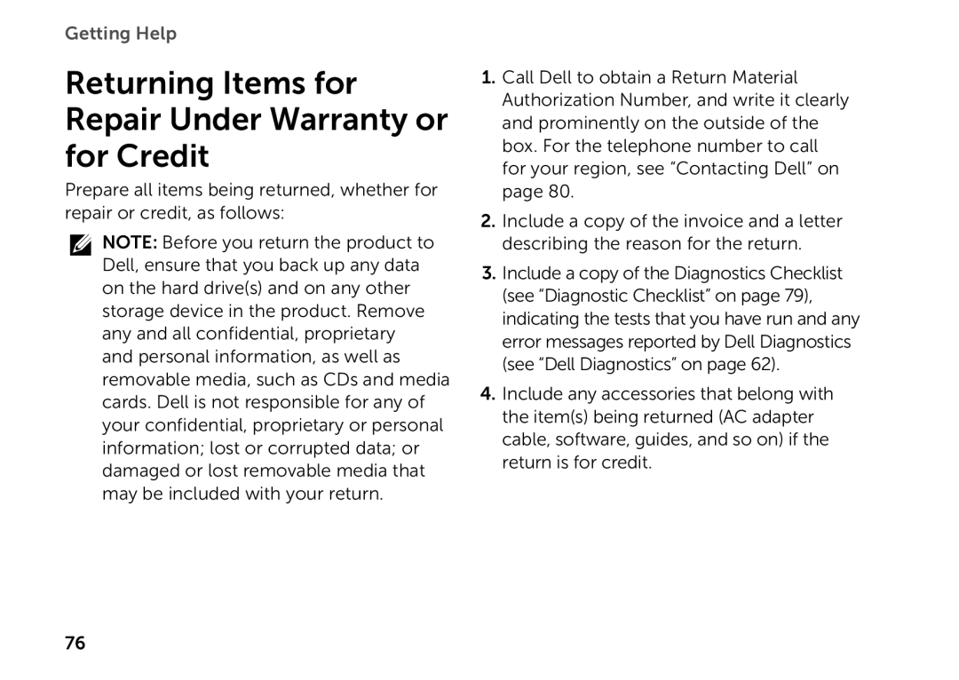 Dell P14E setup guide Returning Items for Repair Under Warranty or for Credit, Getting Help 