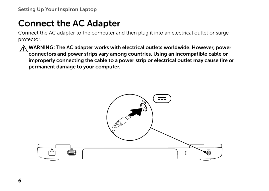 Dell P14E setup guide Connect the AC Adapter, Setting Up Your Inspiron Laptop 