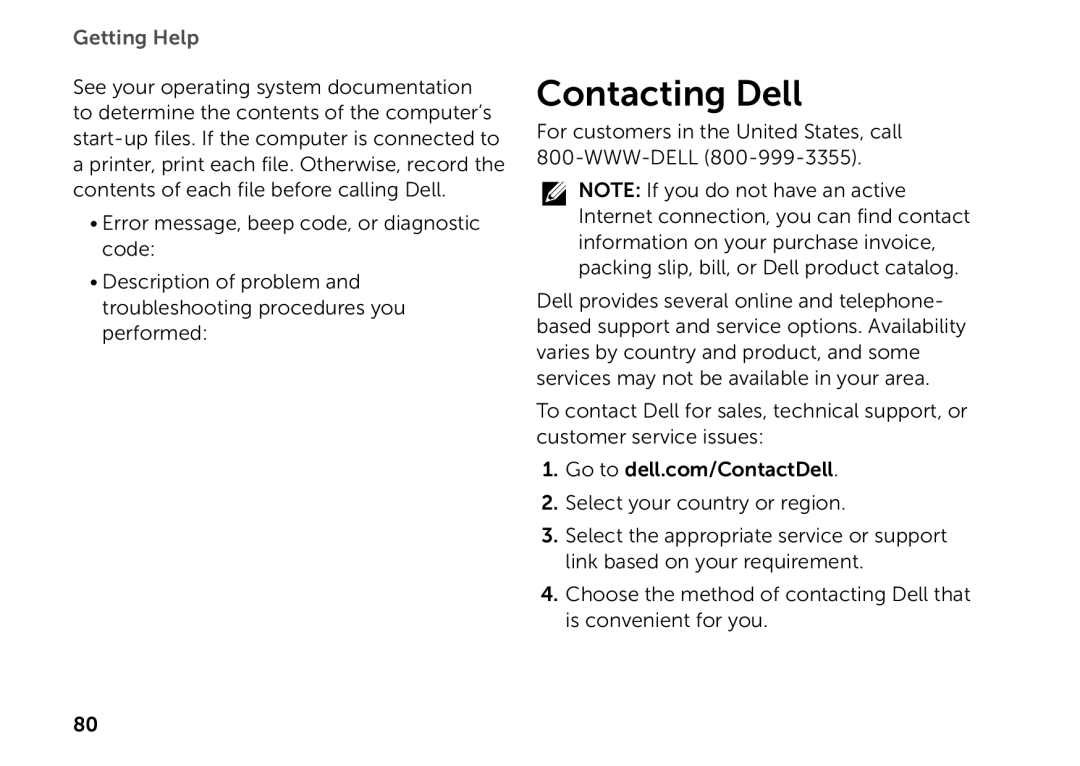Dell P14E setup guide Contacting Dell, Getting Help 
