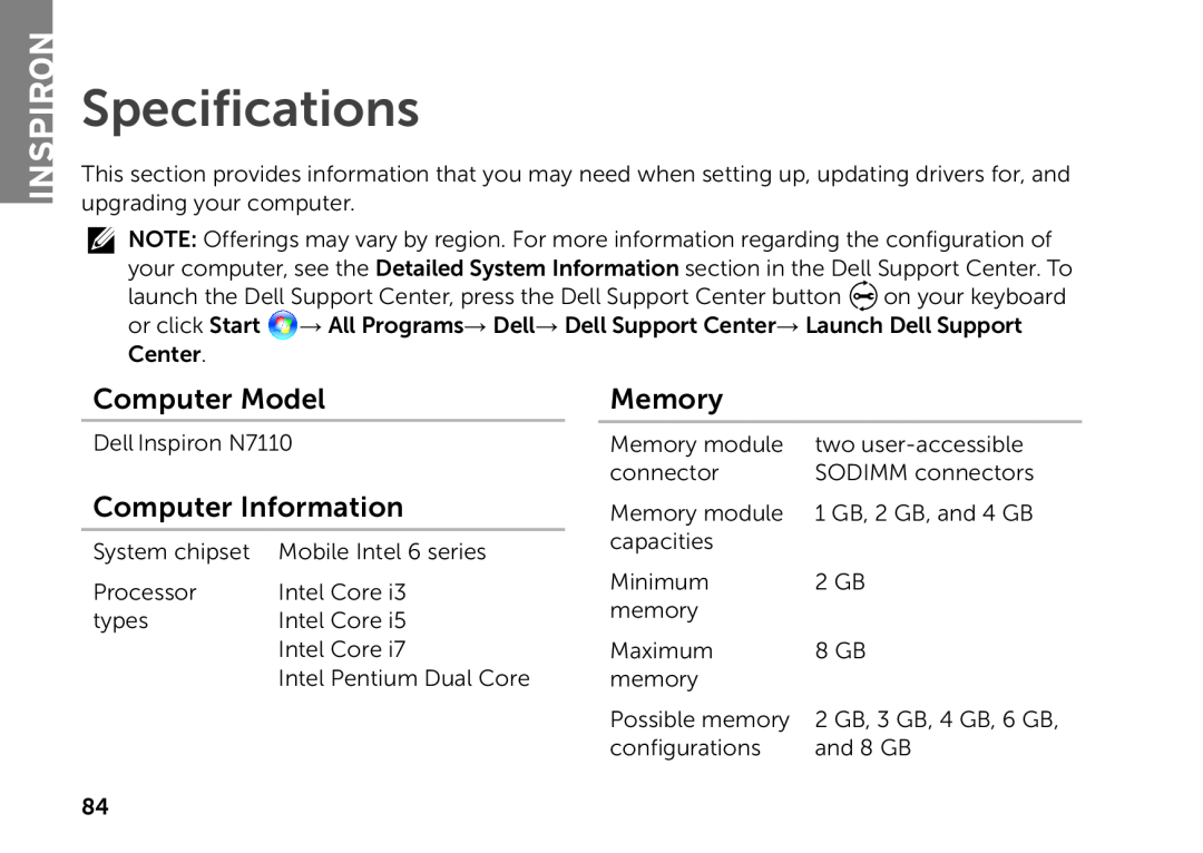 Dell P14E setup guide Specifications, Computer Model, Computer Information, Memory, Inspiron 