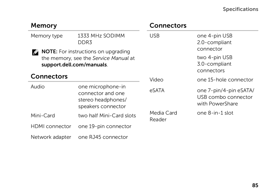 Dell P14E setup guide Connectors, Specifications, Memory 