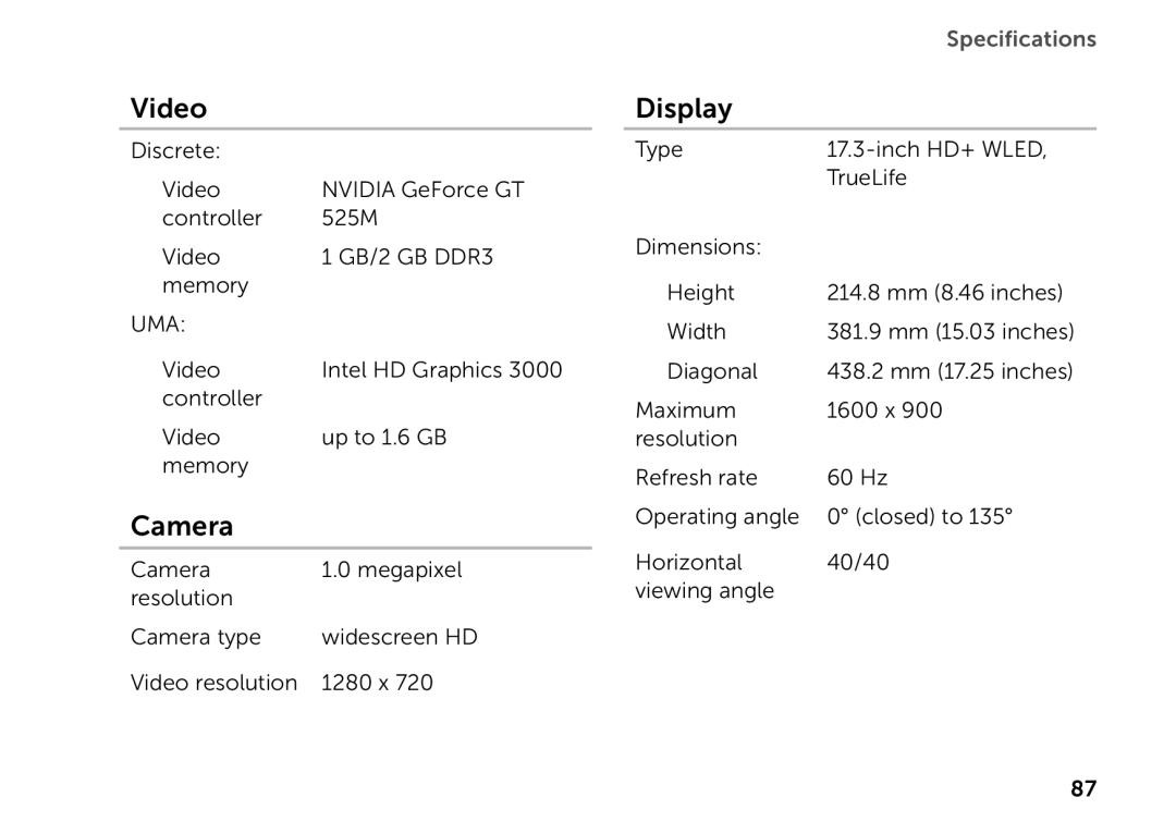 Dell P14E setup guide Video, Camera, Display, Specifications, widescreen HD 