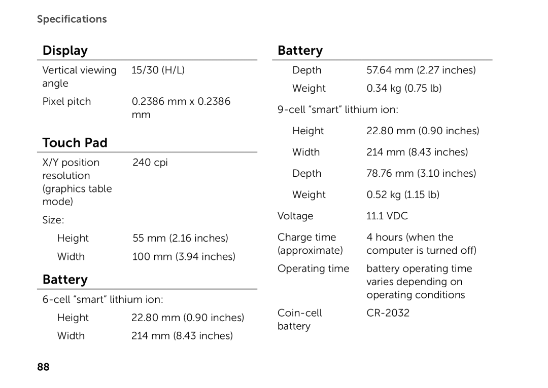 Dell P14E setup guide Touch Pad, Battery, Display, Specifications 