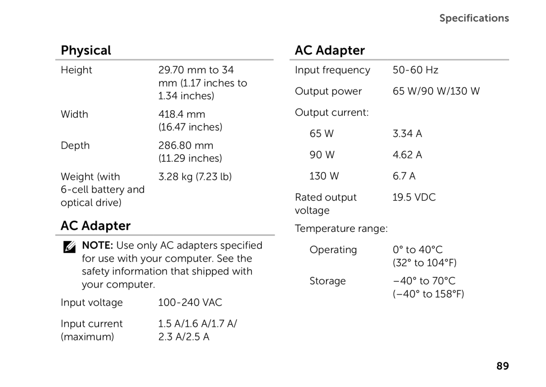 Dell P14E setup guide Physical, AC Adapter, Specifications, 1.5 A/1.6 A/1.7 A 