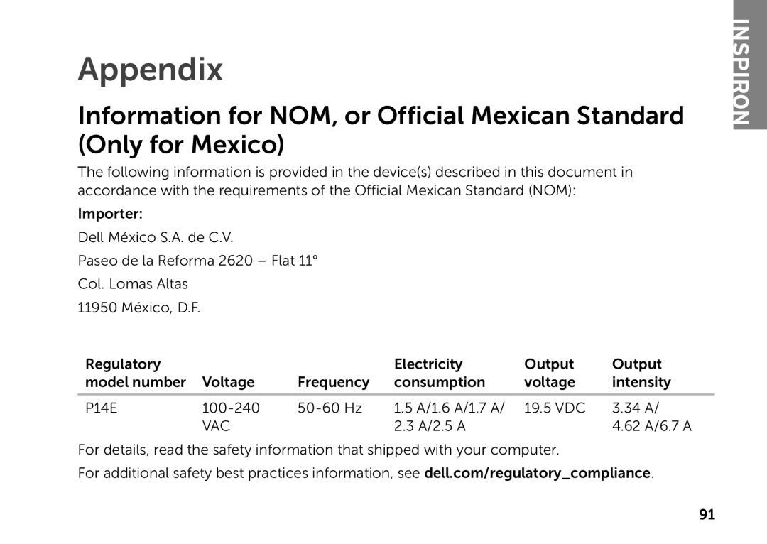 Dell P14E setup guide Appendix, Information for NOM, or Official Mexican Standard Only for Mexico, Inspiron 