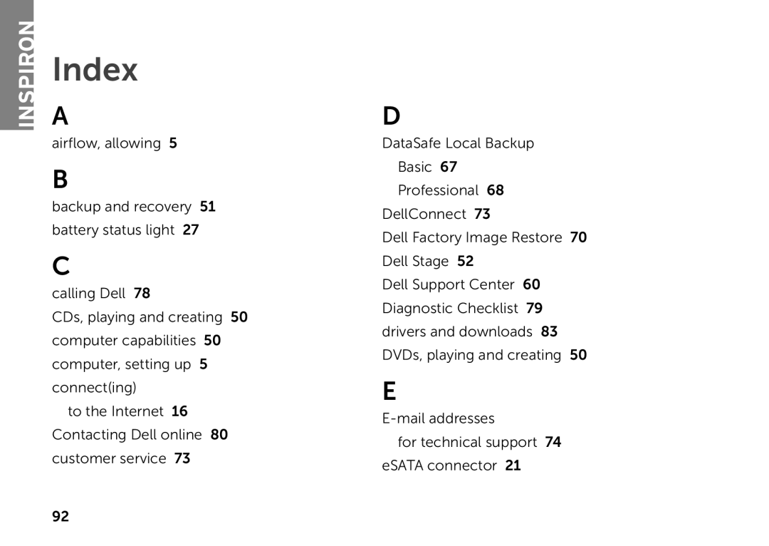 Dell P14E setup guide Index, Inspiron 