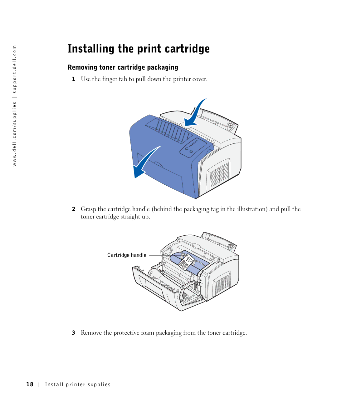 Dell P1500 owner manual Installing the print cartridge, Removing toner cartridge packaging 