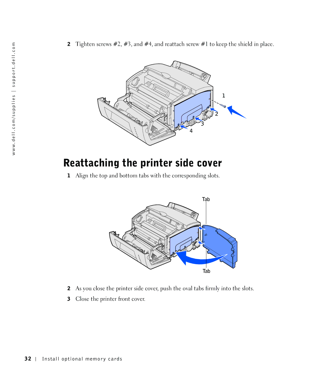 Dell P1500 owner manual Reattaching the printer side cover 