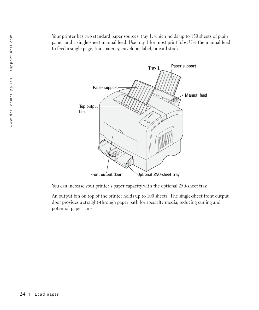 Dell P1500 owner manual Paper support Manual feed Top output bin Front output door 