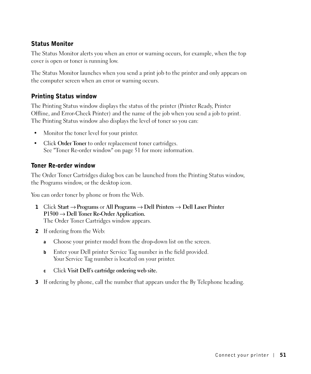 Dell P1500 owner manual Status Monitor, Printing Status window, Toner Re-order window 