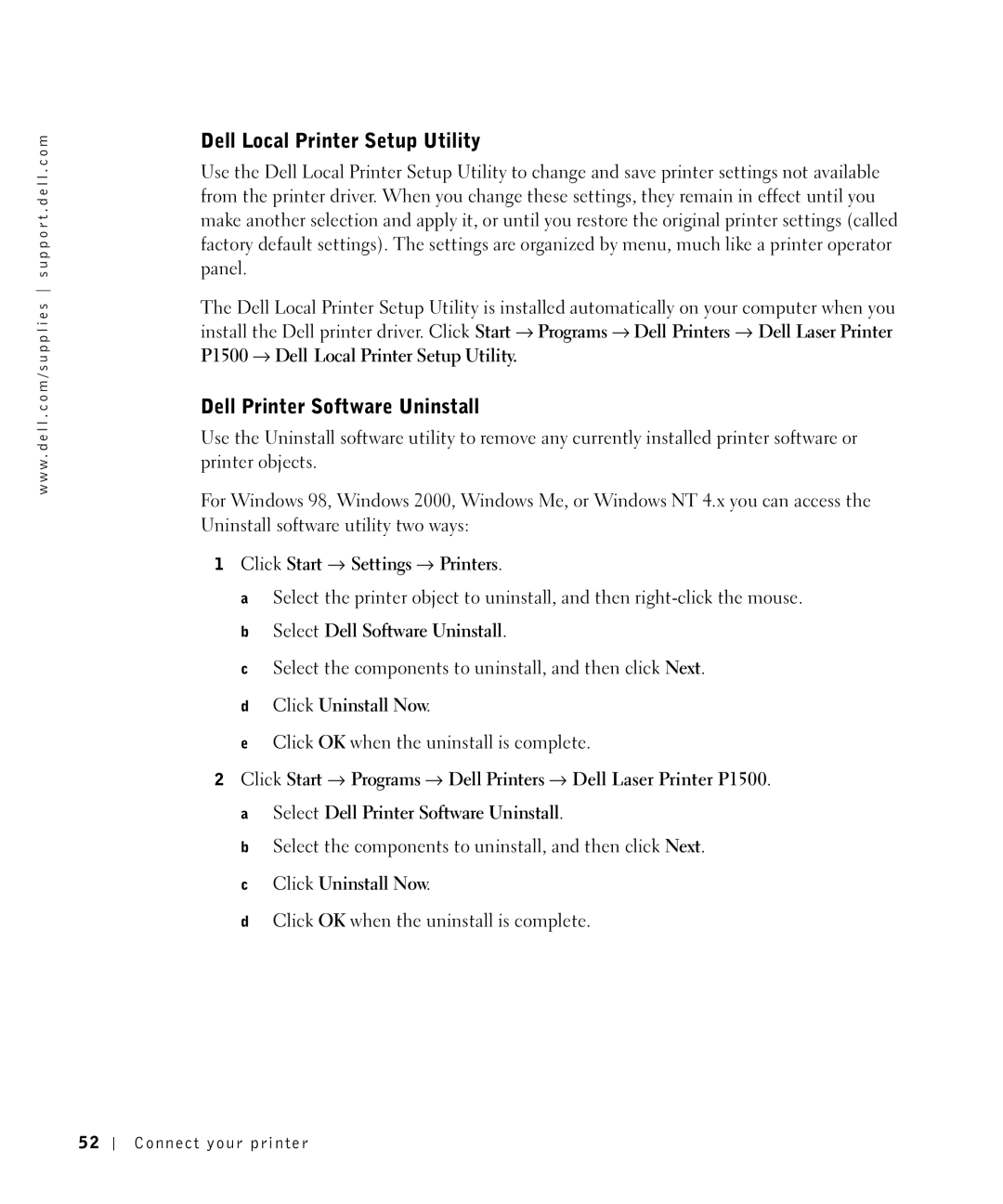 Dell P1500 owner manual Dell Local Printer Setup Utility, Dell Printer Software Uninstall 