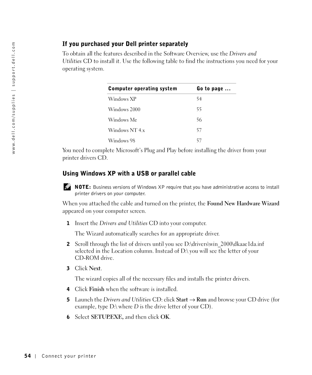 Dell P1500 owner manual If you purchased your Dell printer separately, Using Windows XP with a USB or parallel cable 