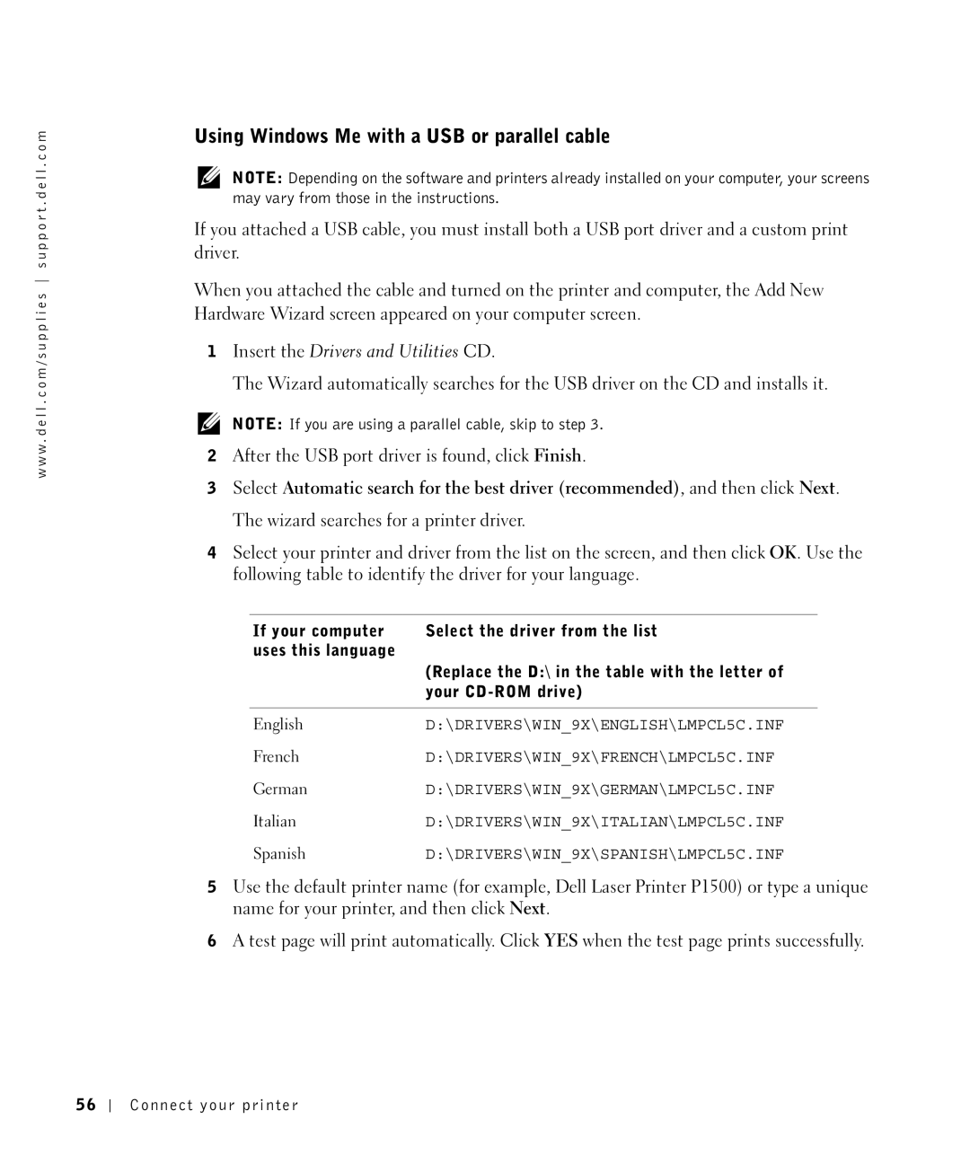 Dell P1500 owner manual Using Windows Me with a USB or parallel cable 