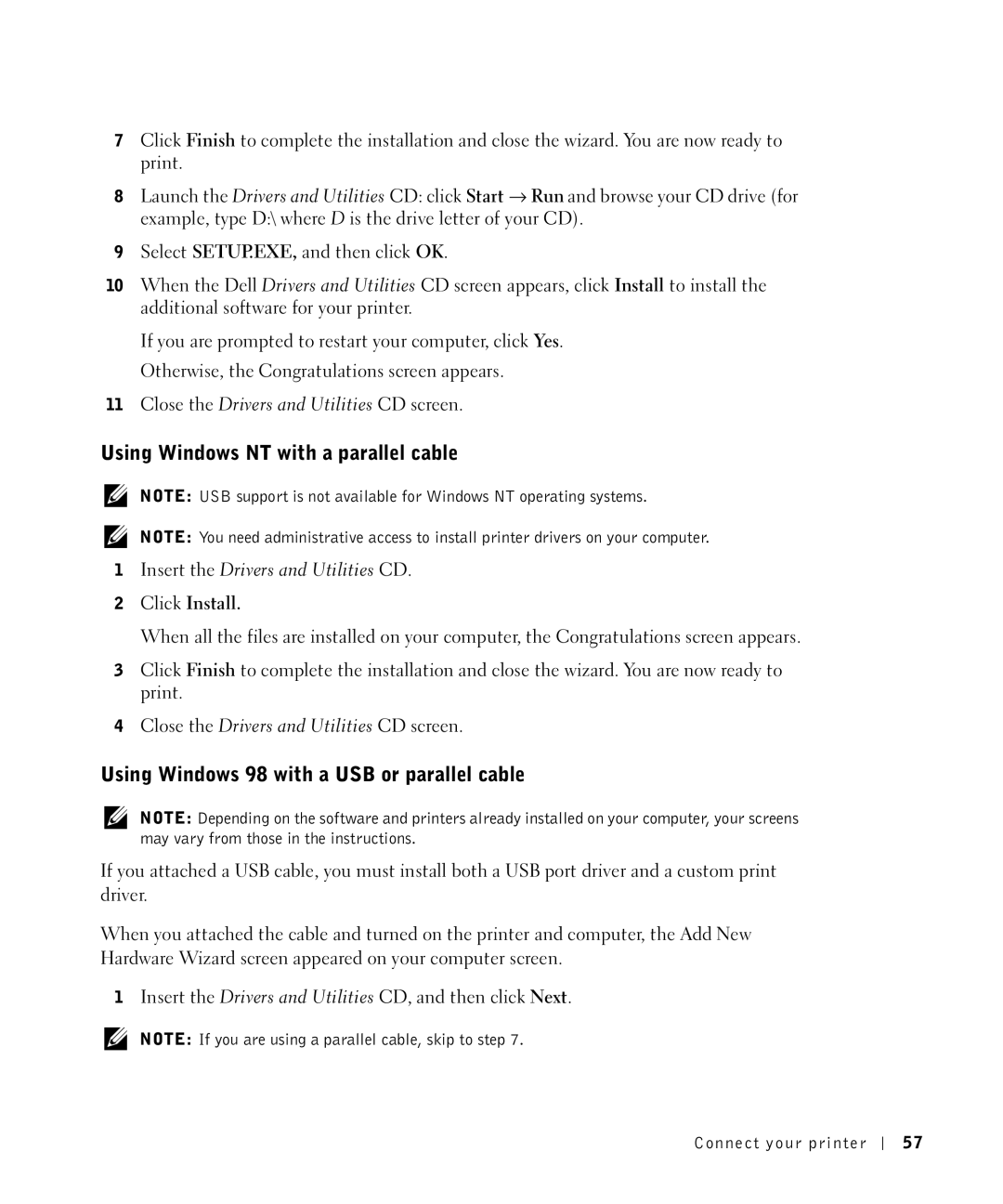 Dell P1500 owner manual Using Windows NT with a parallel cable, Using Windows 98 with a USB or parallel cable 