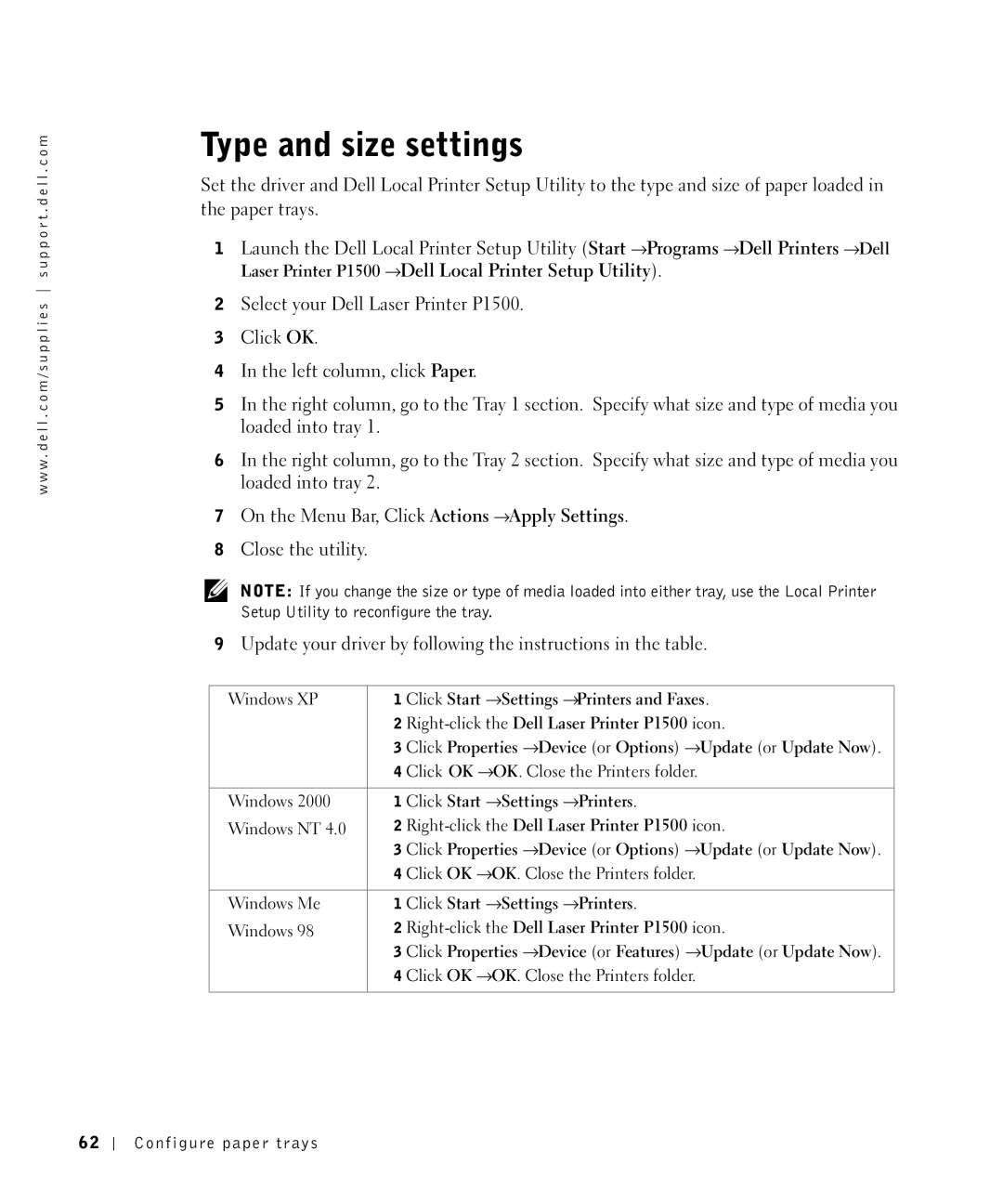 Dell P1500 owner manual Type and size settings 