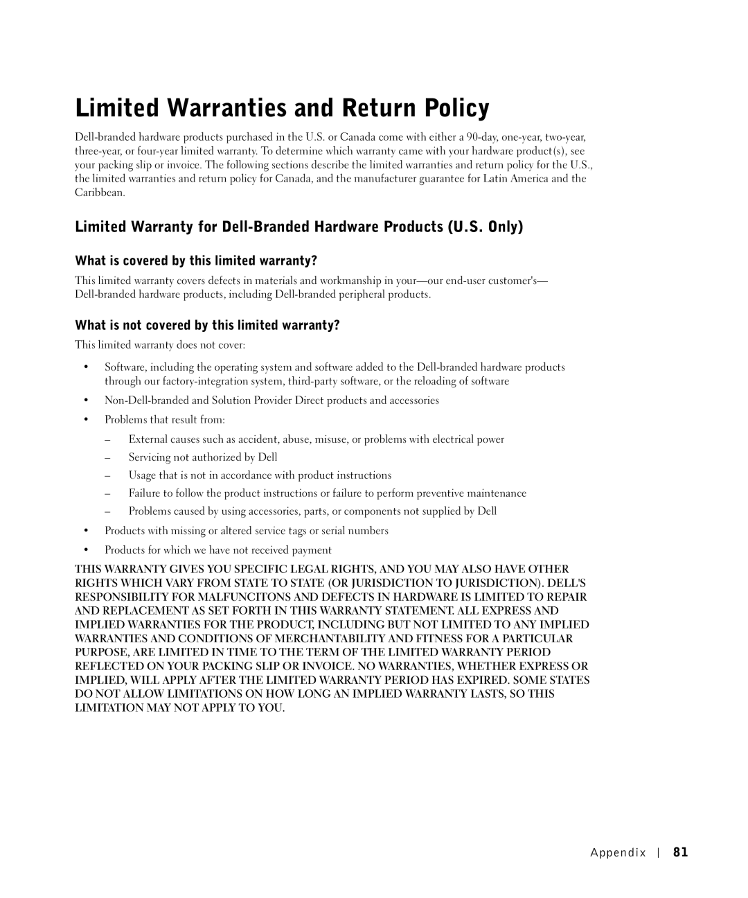 Dell P1500 owner manual Limited Warranties and Return Policy, What is covered by this limited warranty? 